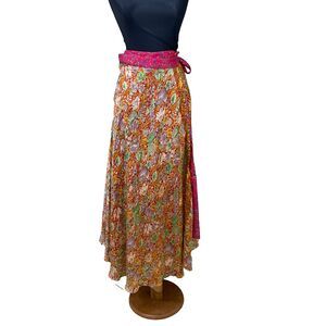 Wrap Silk reversable Maxi Skirt Women’s OS Adjustable Flowy Boho gold/ pink